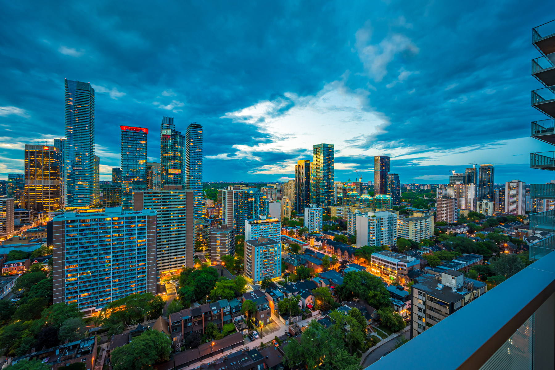 Toronto skyline at night from 28 Wellesley St Unit 3009 balcony.