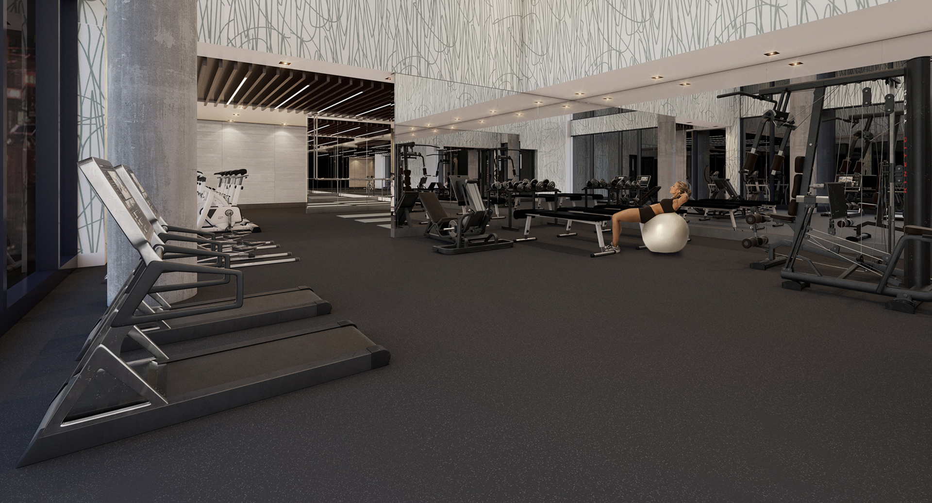 Concept art of Kingly Residences gym with weights and woman in black work-out clothes lying on exercise ball.