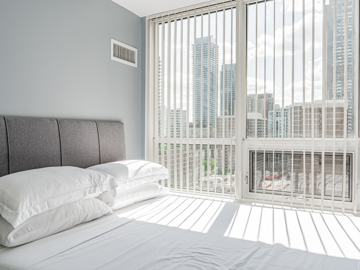 Bedroom windows with blinds.