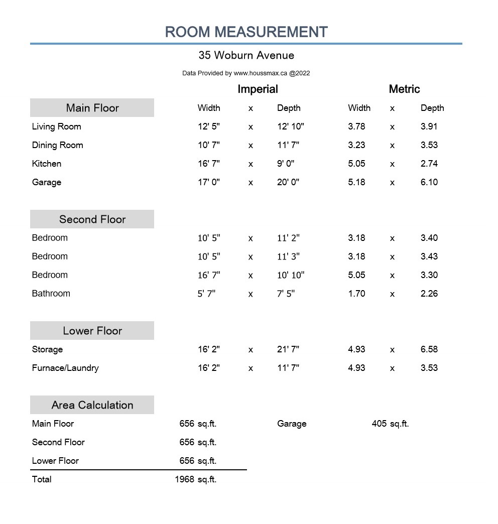 Room measurements for 35 Woburn Ave