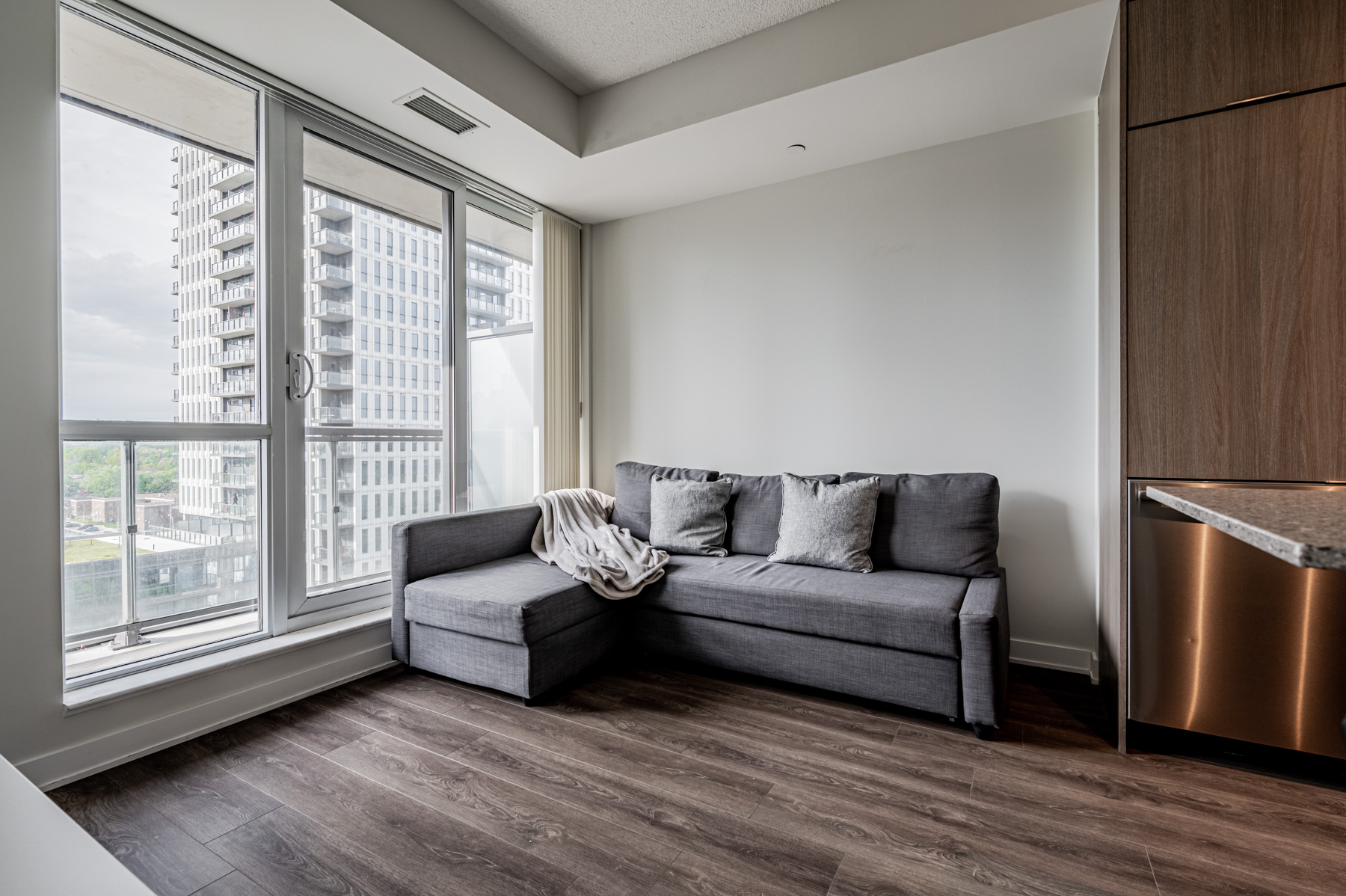 Condo living room with dark, wide-plank laminate floors and gray walls.