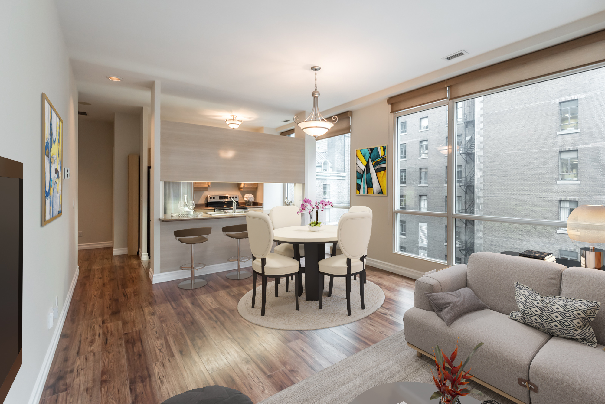 Another angle of the dining room and kitchen and living room.