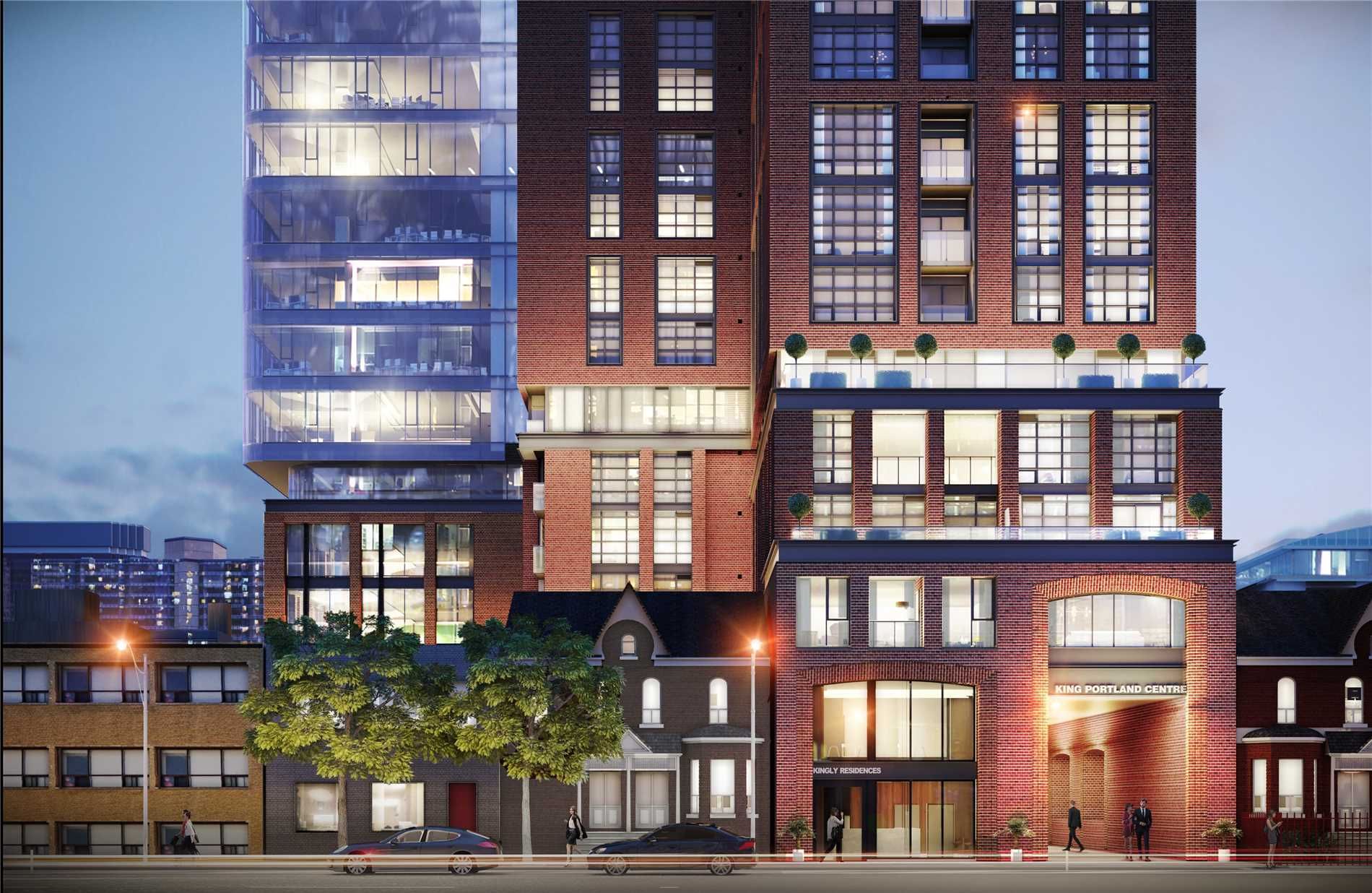 Concept art for Kingly Residences and King Portland Centre showing red-brick building, blue glass and streets.