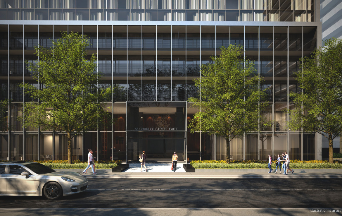 Podium and entrance of 55C Condos in 55 Charles St E Toronto