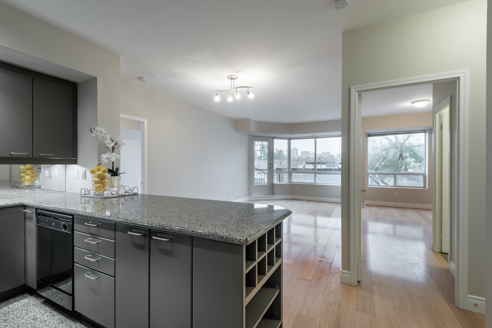 Interior of 77 McMurrich St Unit 308 showing gray kitchen cabinets and dark countertop.