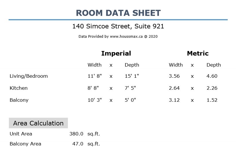 List of rooms measurements for 140 Simcoe St E Unit 921