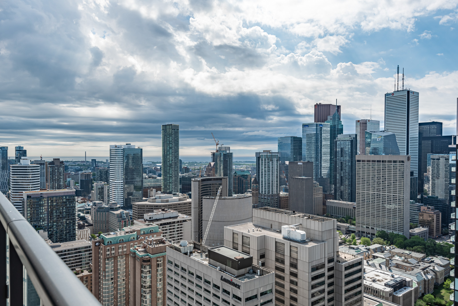 Morning view of Toronto City Hall from balcony of 488 University Ave #3410.