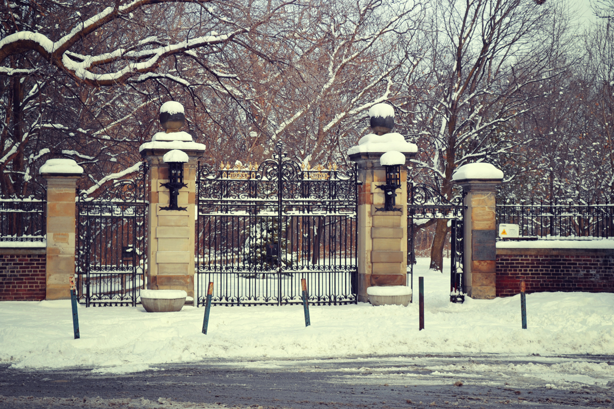 Snow and trees outside mansion gates in Rosedale, Toronto.