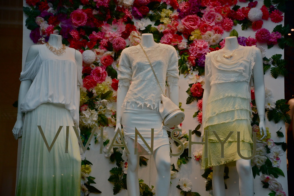 Store display with female mannequins in Yorkville, Toronto.