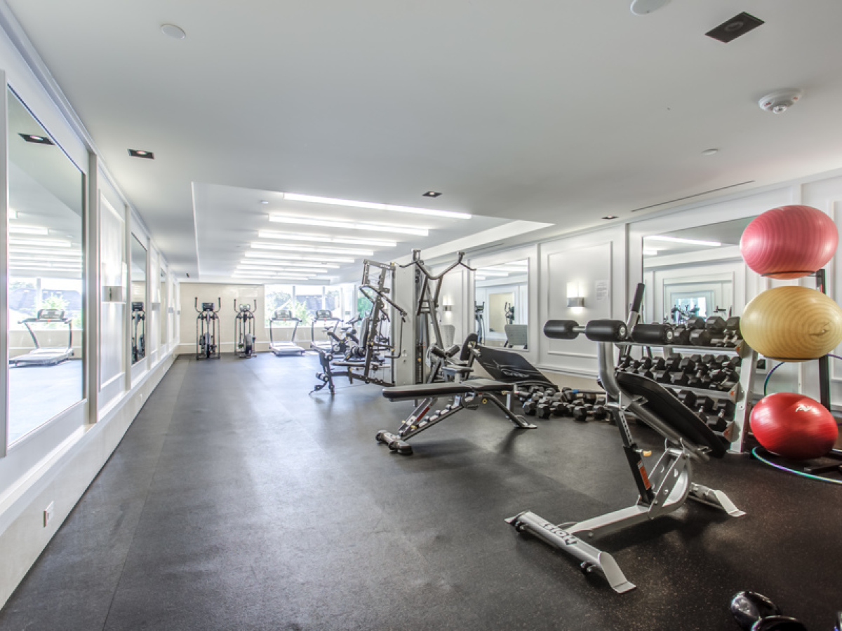 The Hill Condo fitness facility with weights, treadmills and exercise balls.