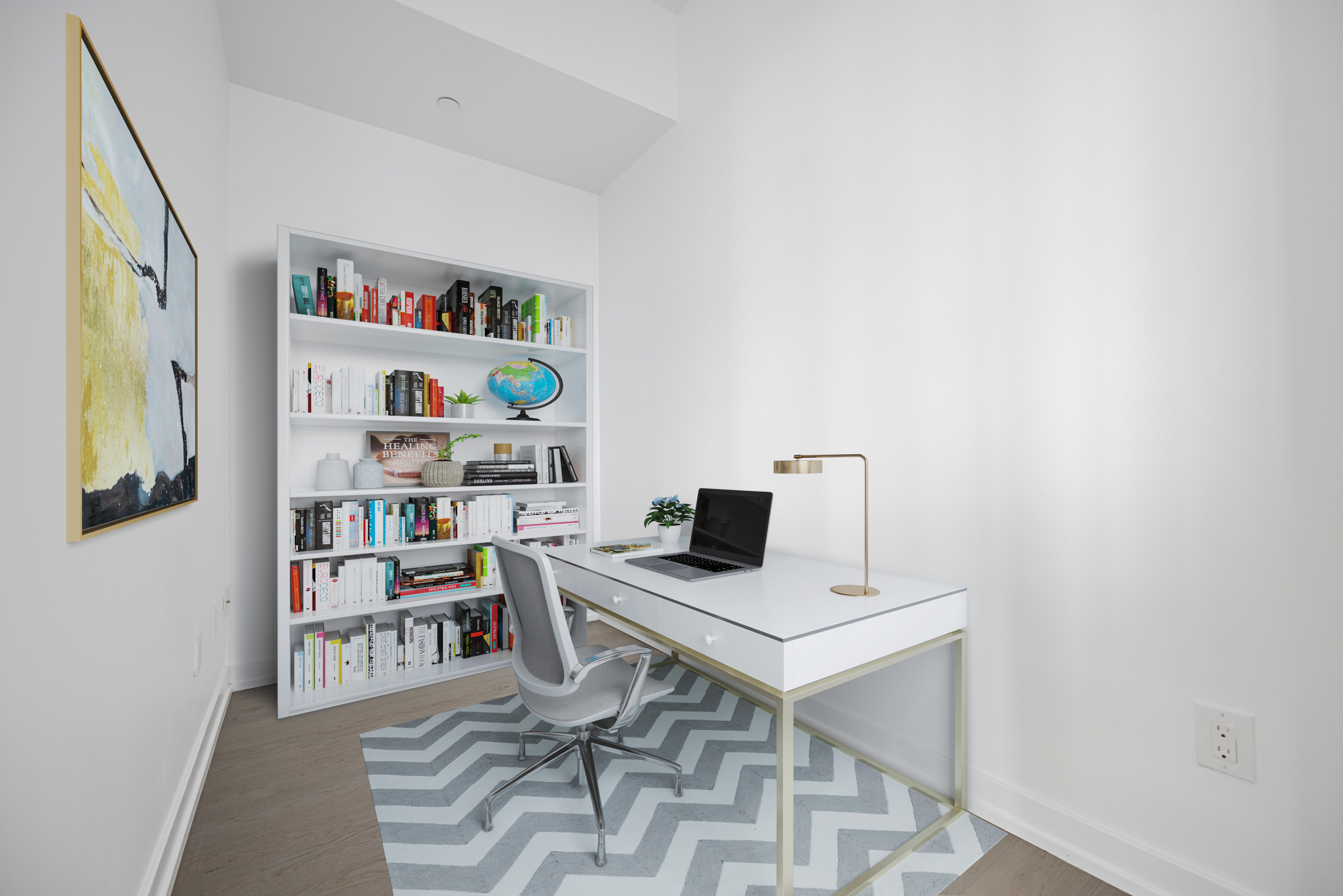 3D render of den with office furniture and bookshelf – 488 University Ave Unit 2710.