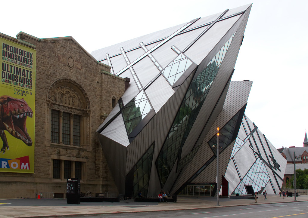Gray pyramid exterior of Royal Ontario Museum (ROM) in Yorkville, Toronto.