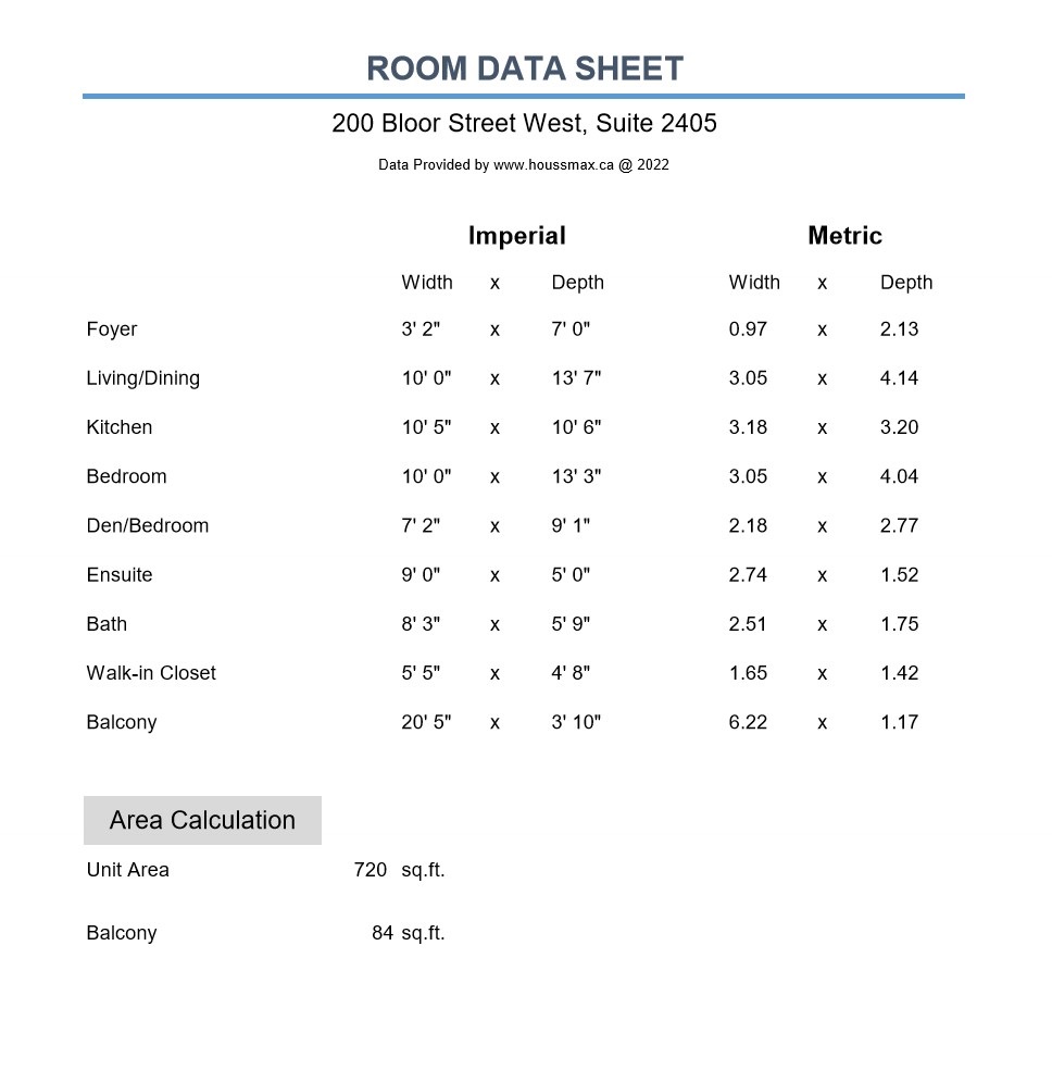 Room measurements for 200 Bloor St W Unit 2405.
