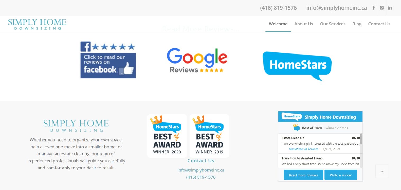 Awards and customer reviews from Simply Home Downsizing website.