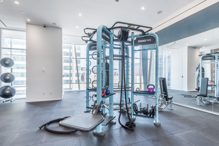 This fully-equipped gym has everything you need for a workout.