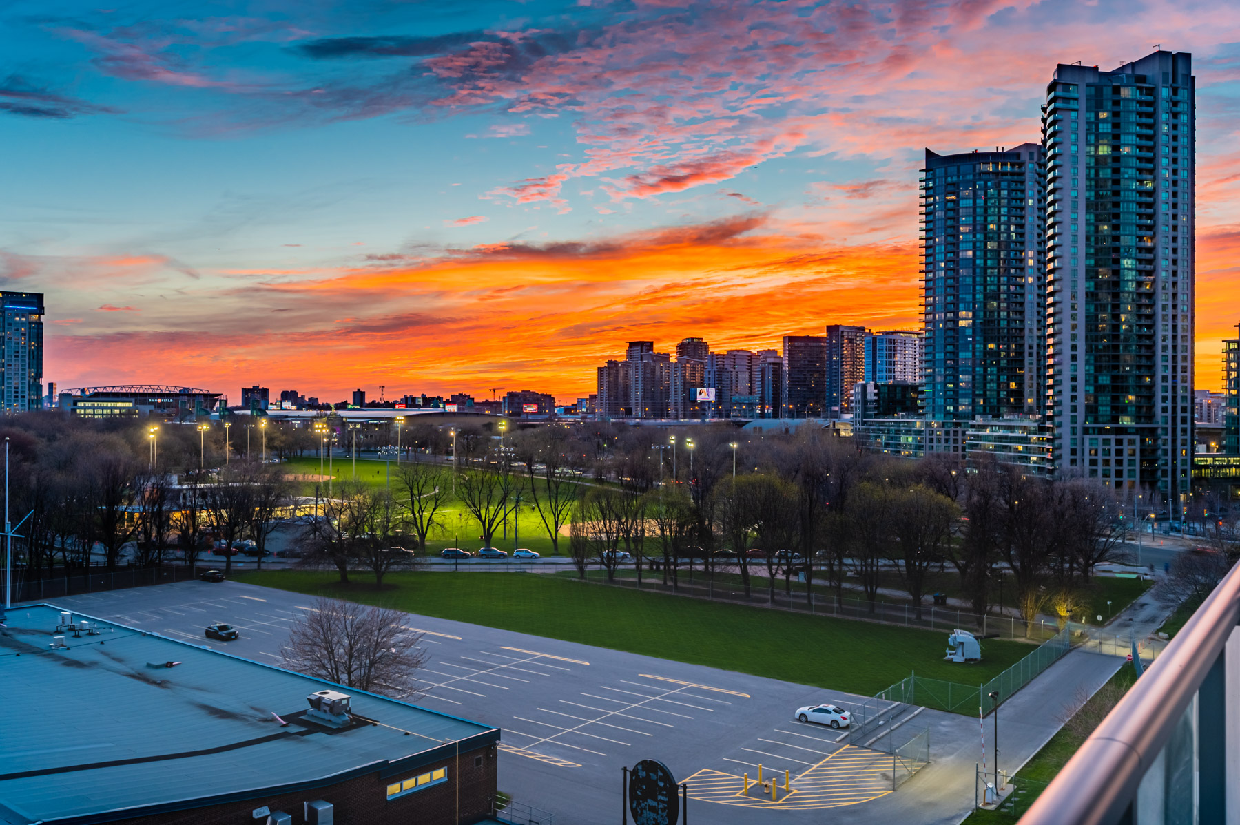 Brilliant sunset over Toronto with bright orange skies.