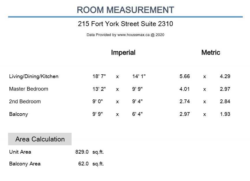 Room measurements for 215 Fort York Blvd Unit 2310.