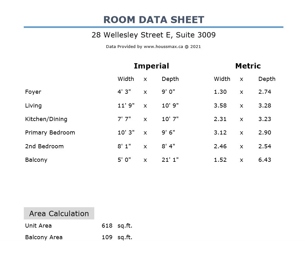 Room measurements for 28 Wellesley St E Unit 3009.