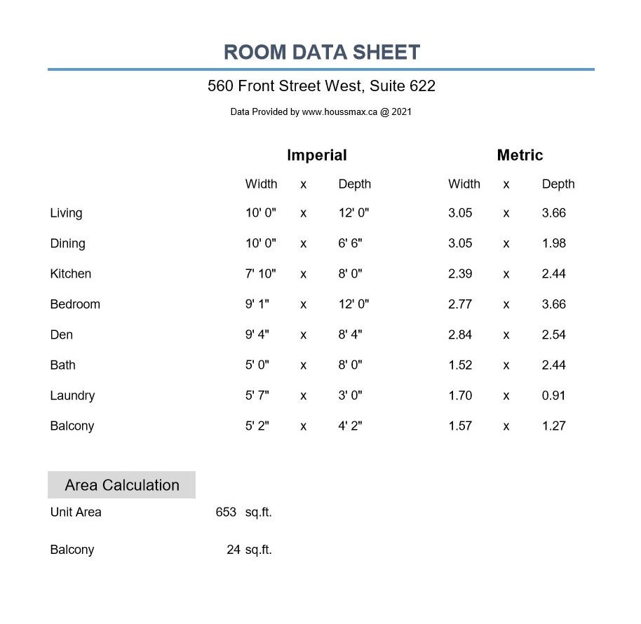 Room Measurements for 560 Front St W Unit 622