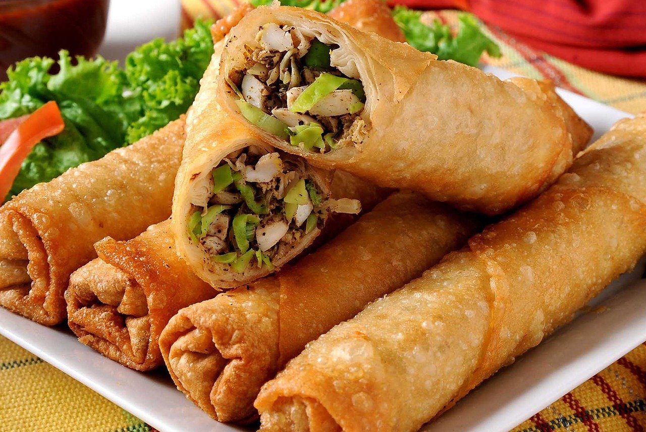 Close up of vegetable spring rolls. 