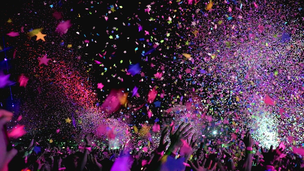 Concert celebration with colourful confetti.
