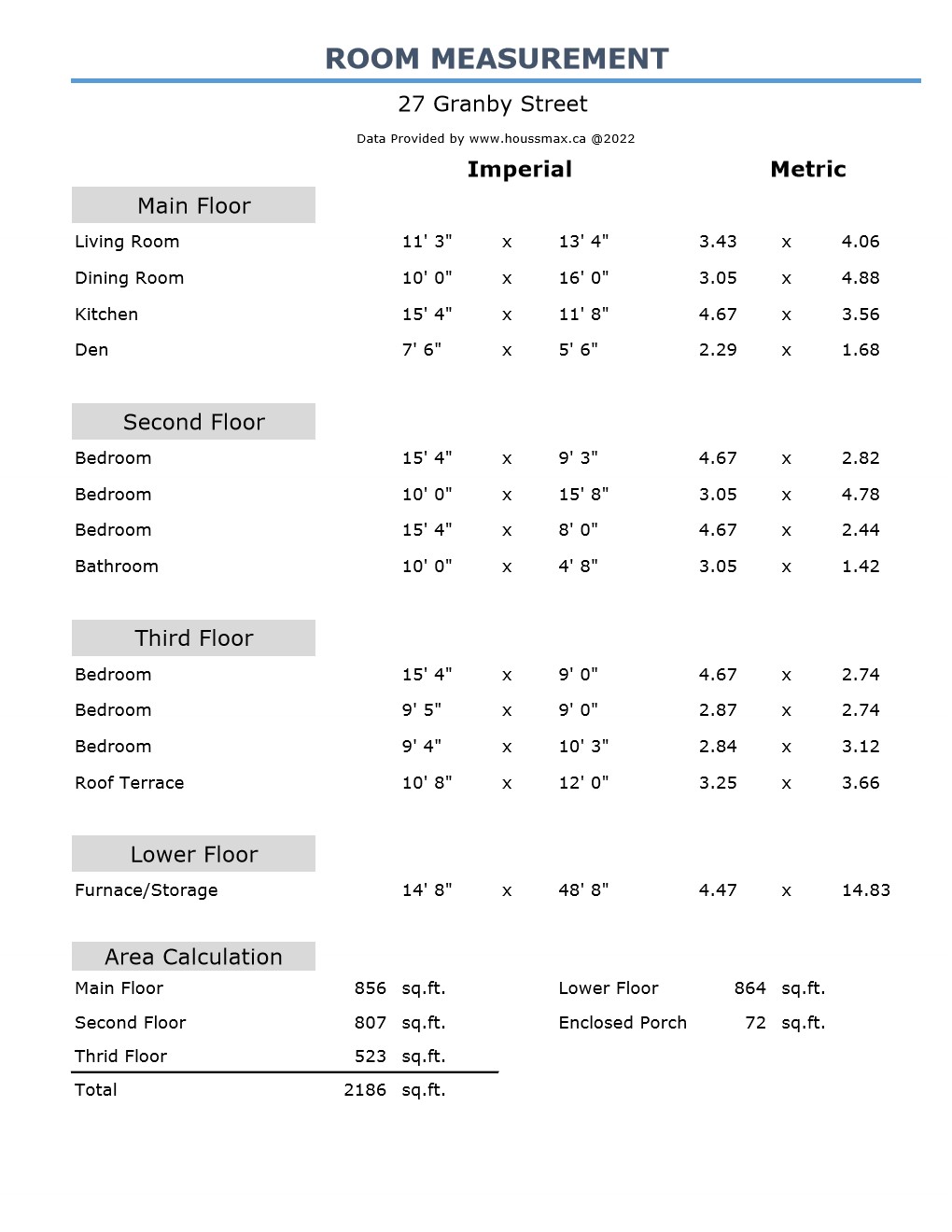 Room measurements for 27 Granby St