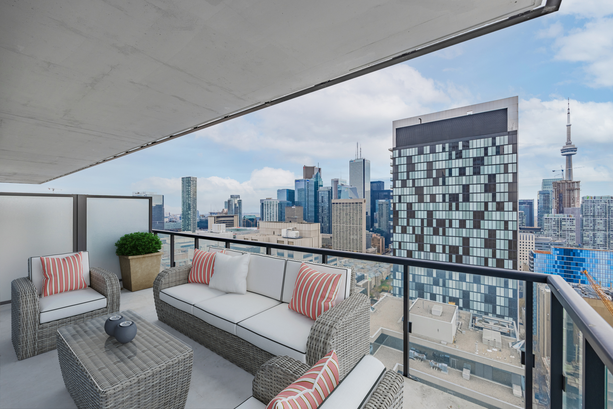 488 University Ave Unit 2710 balcony with view of Toronto skyline.