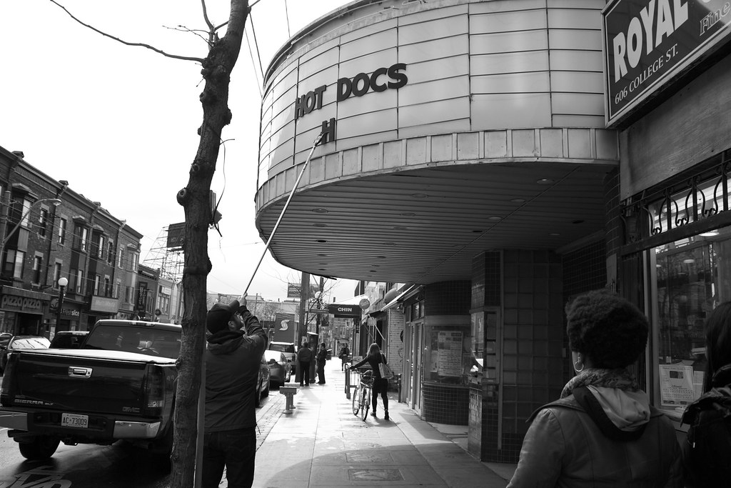 Black and white photo of Hot Docs theatre marquee on Bloor West in The Annex.