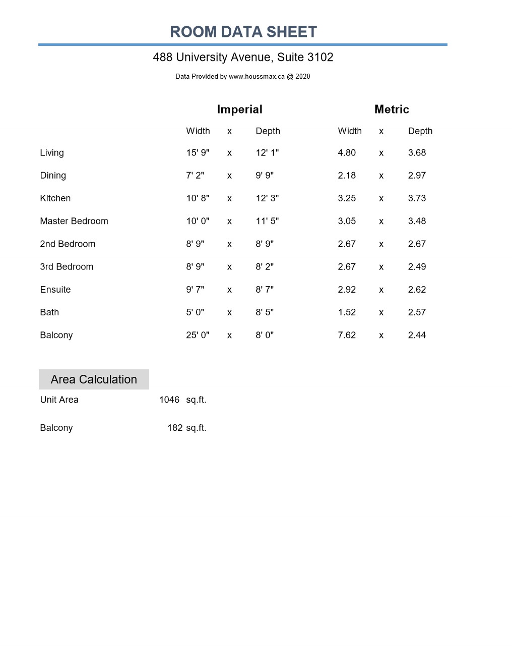 488 University Ave Unit 3102 – room measurements