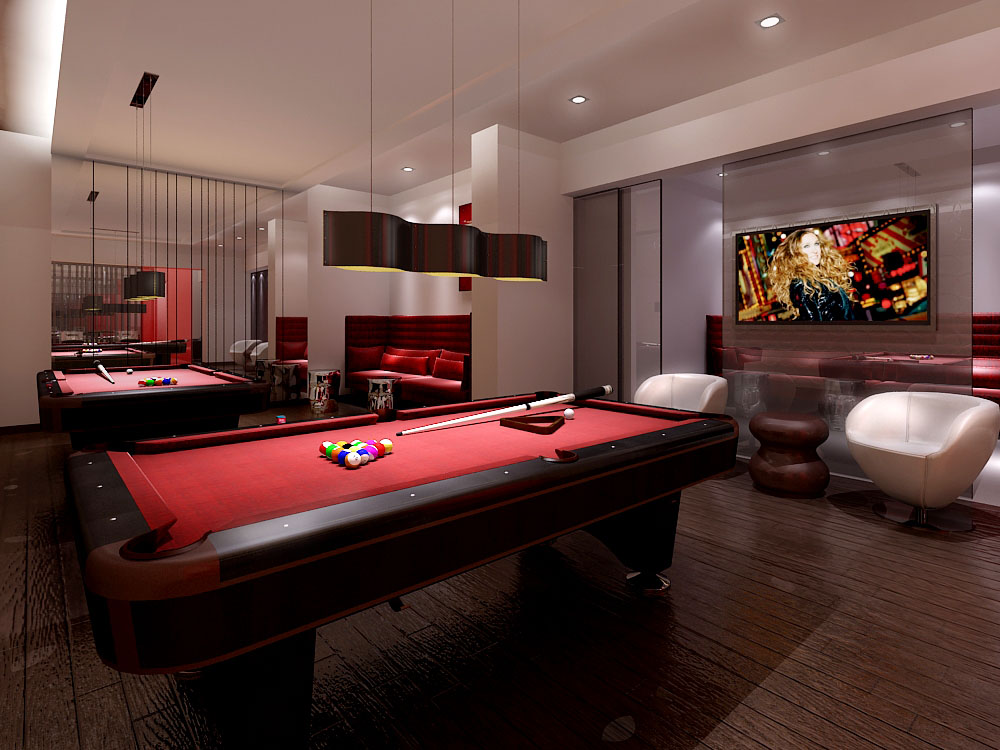 Reve Condos billiards room with red-felt pool tables and TV.