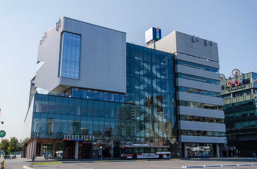 Modern, glassy exterior of George Brown College in Toronto.