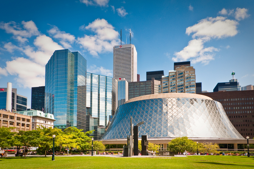 Toronto's Roy Thompson Hall in foreground, builds in background.