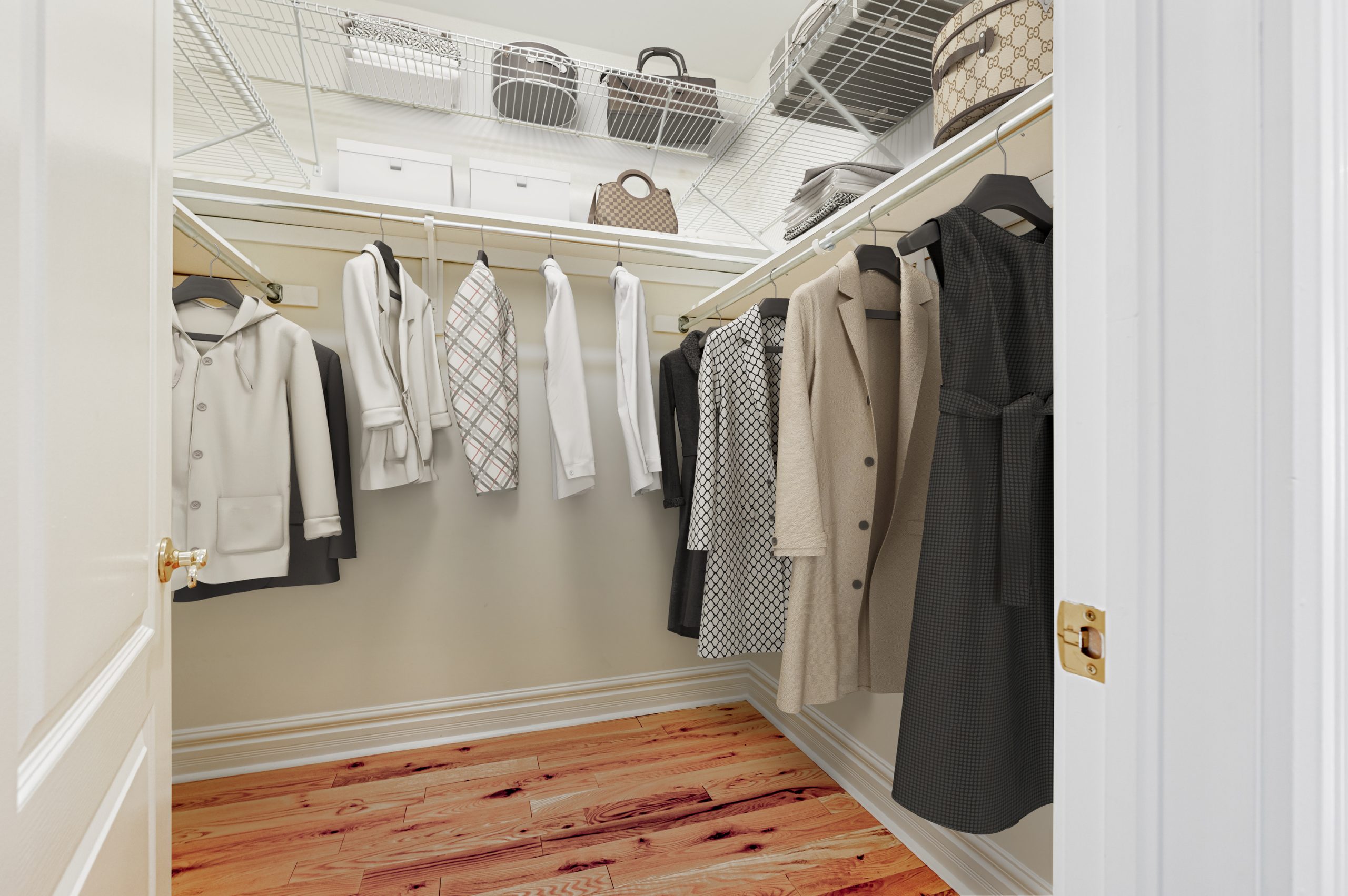 Large walk-in closet with built-in shelves.