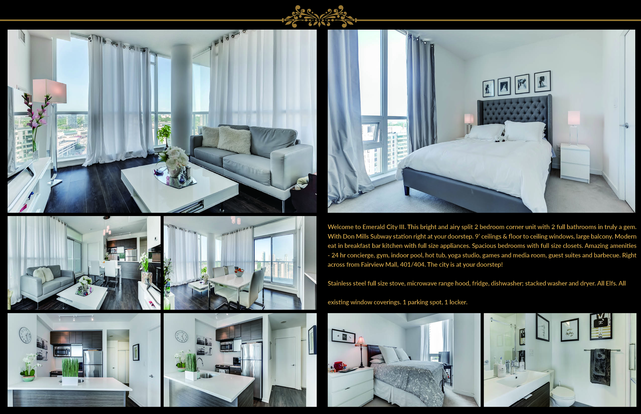 Brochure with multiple photos of 62 Forest Manor Unit 1803 in varying sizes.