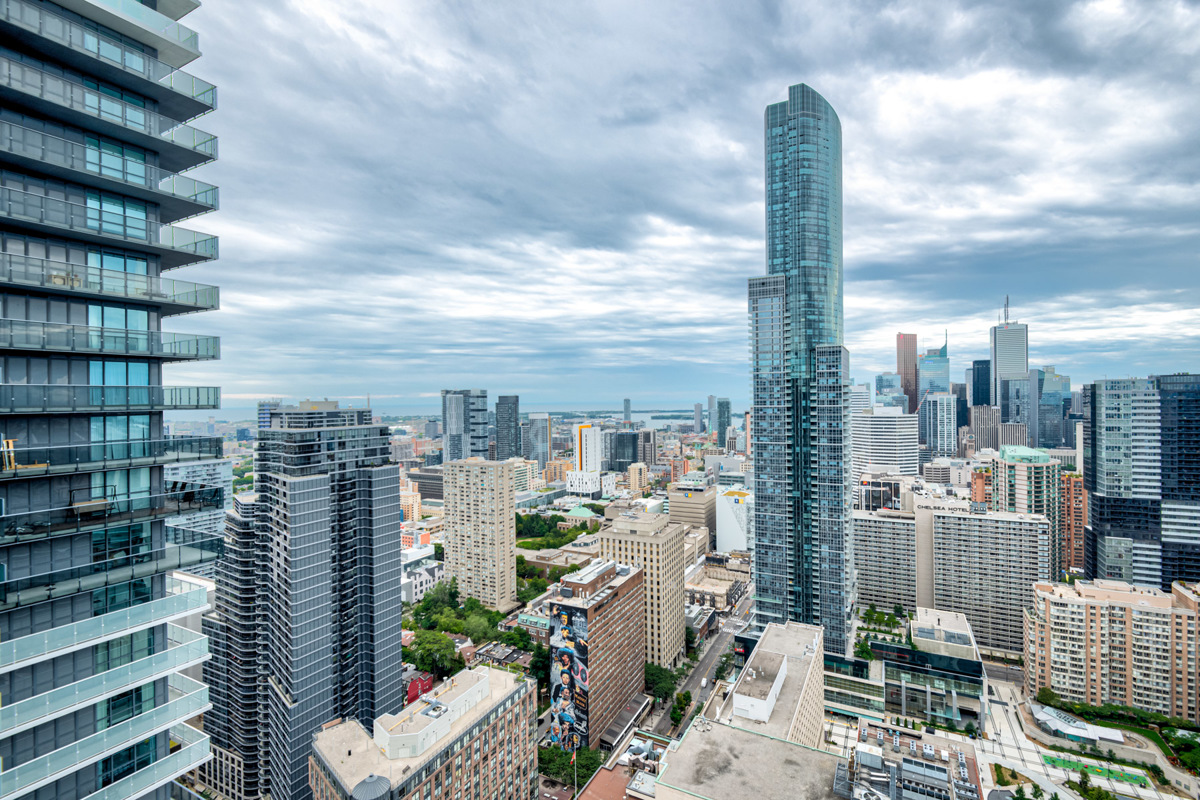 View of Toronto Financial District from balcony of 15 Grenville St Unit 4101.