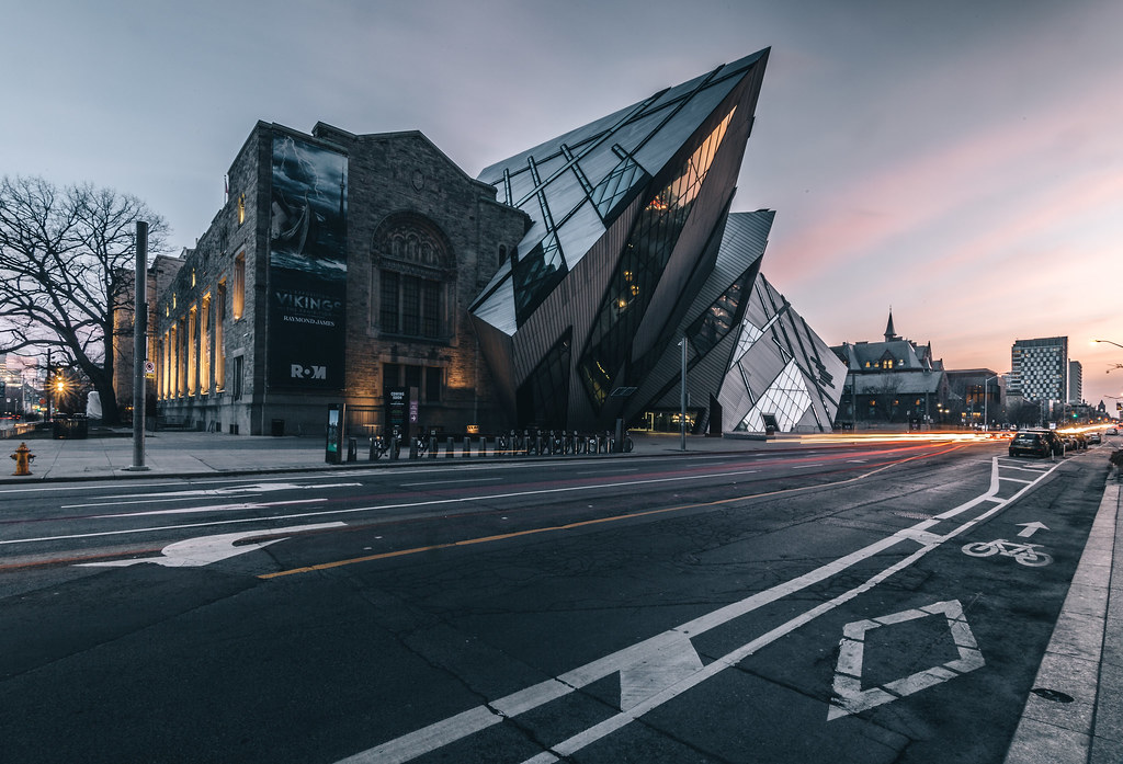 Exterior of Royal Ontario Museum during evening.