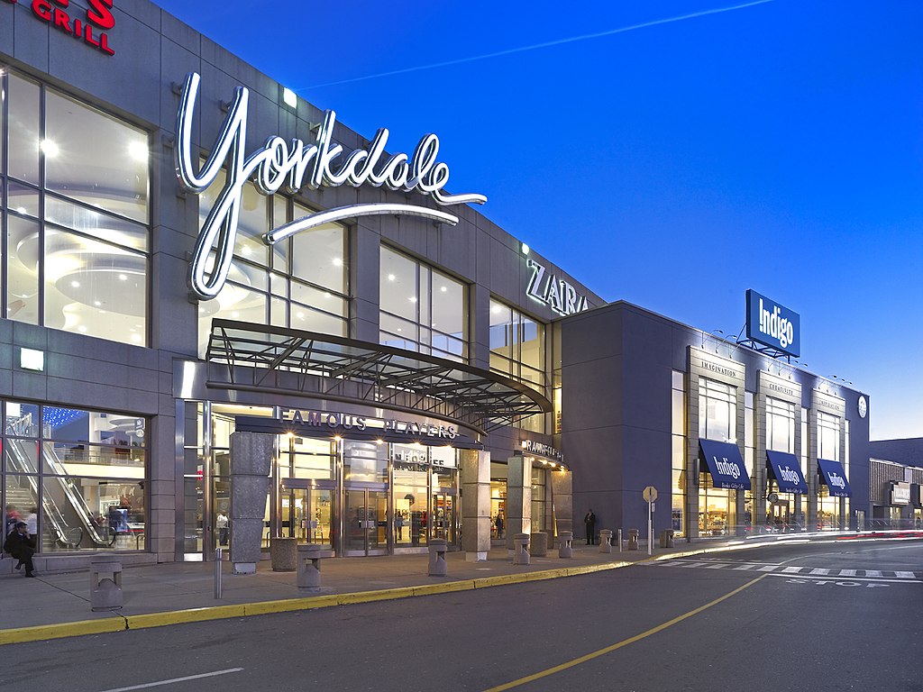 Exterior of Yorkdale Shopping Centre with white neon sign.