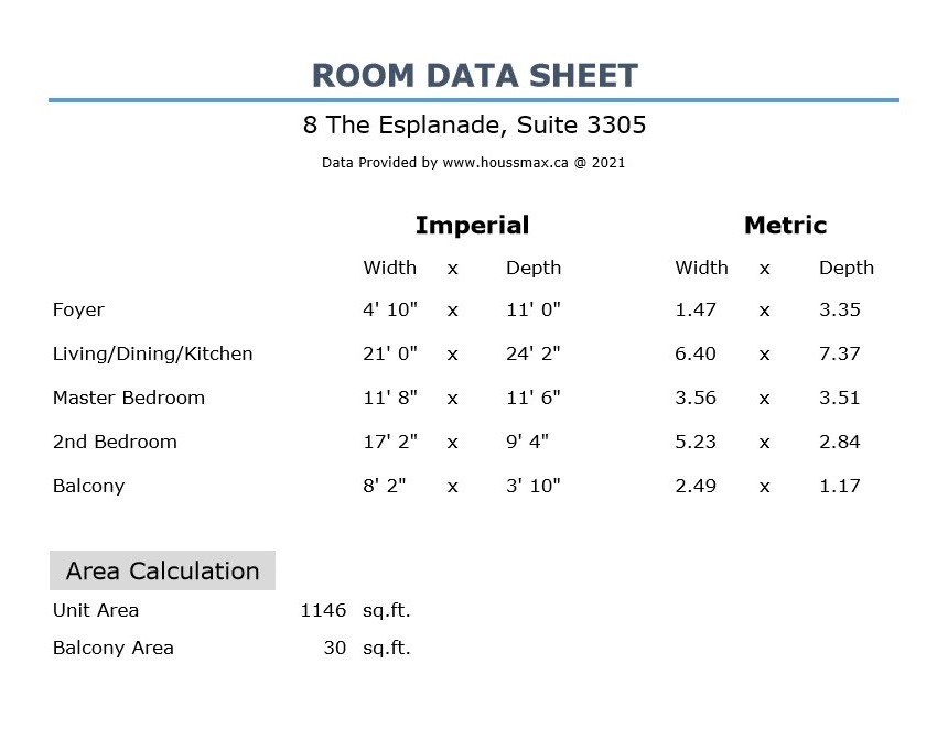 Room measurements for 8 The Esplanade Street Unit 3305.