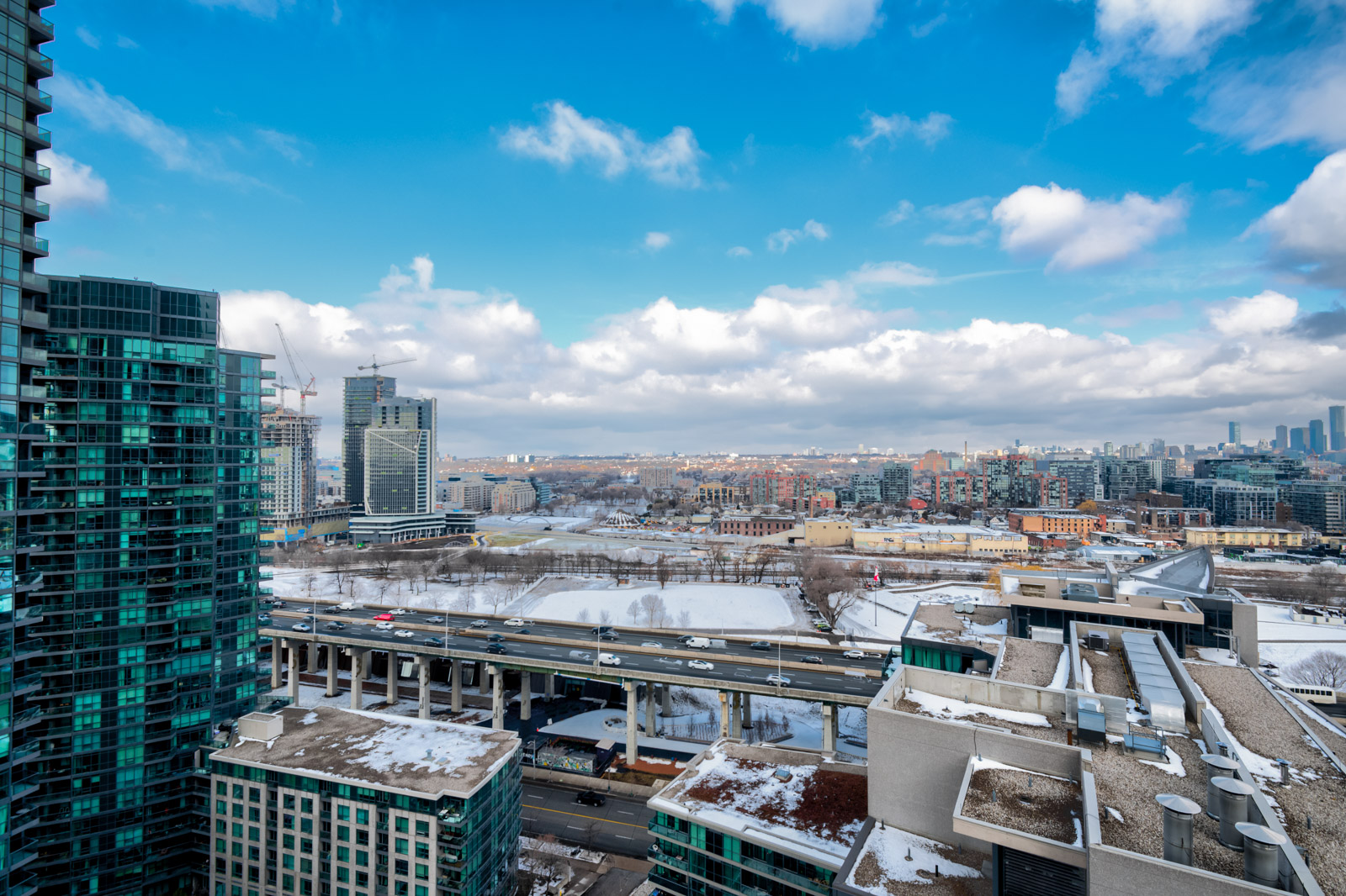 Snow on roofs and parks in Fort York, Toronto.