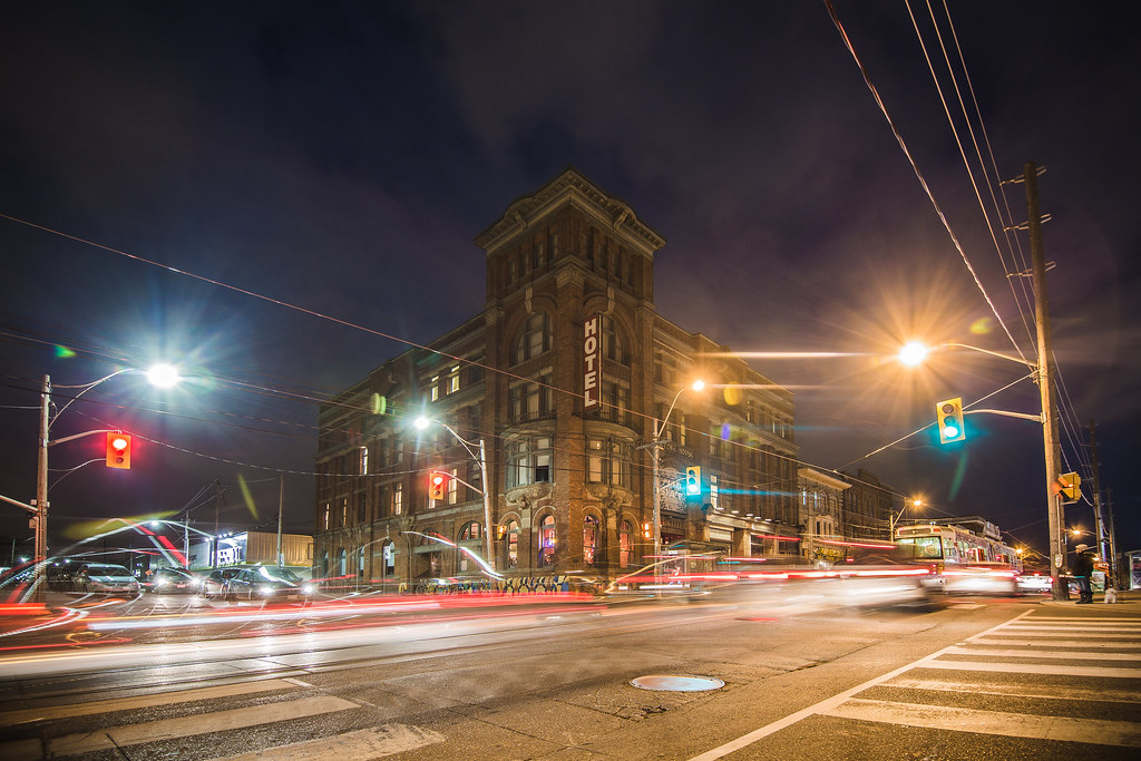 Across the street shot of Gladstone Hotel in Toronto at night.