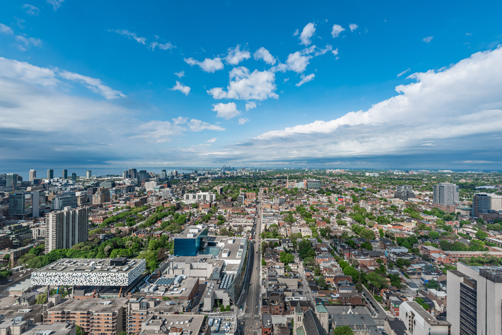 Aerial view of downtown Toronto from balcony of 488 University Ave Unit 3410.