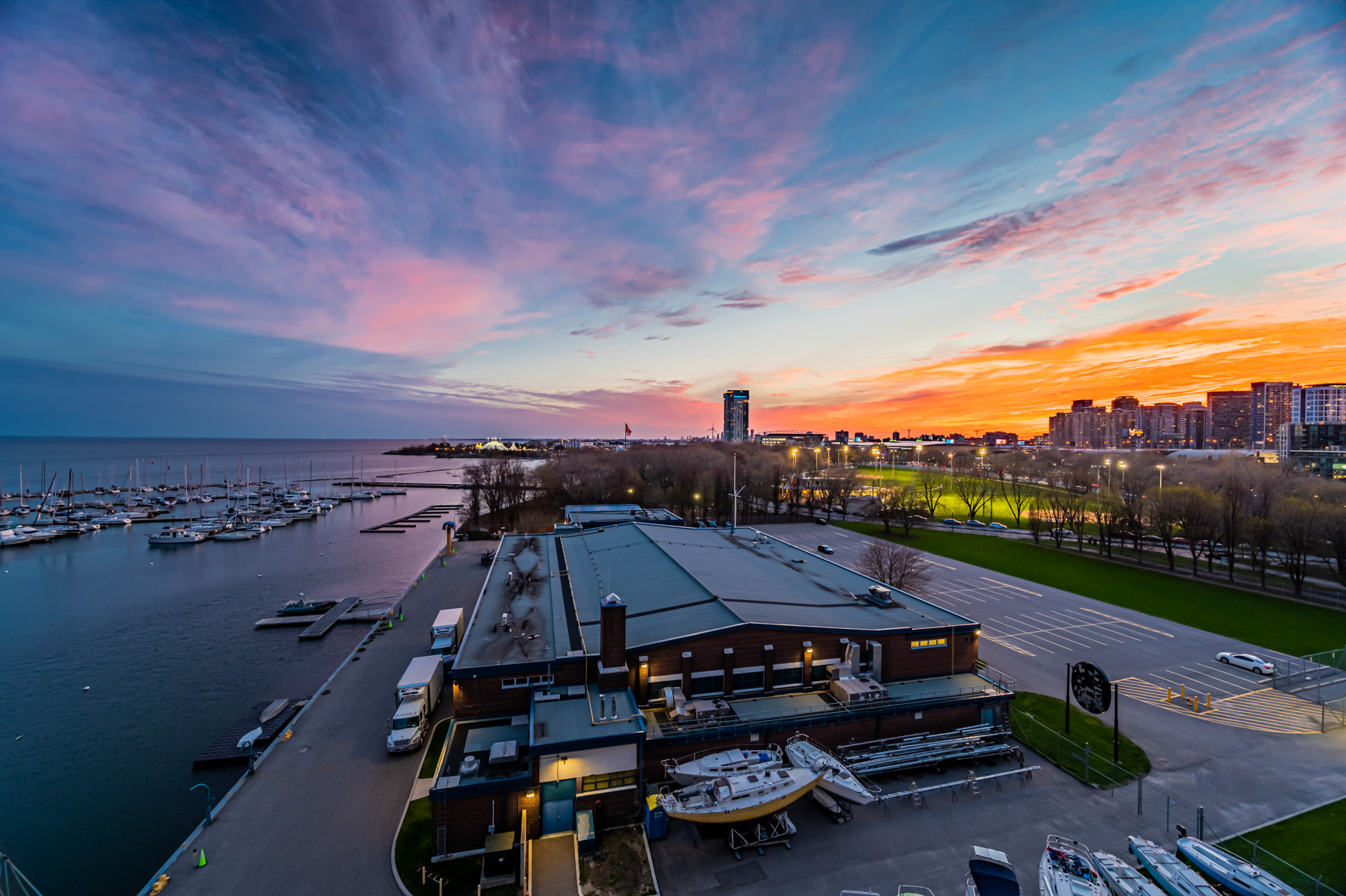 View of Toronto Waterfront and boats at dusk from 90 Stadium Rd balcony.