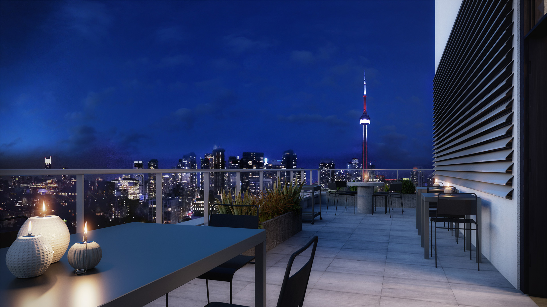 Concept art of Kingly Residences rooftop deck at night with tablets, candles and CN Tower lights in background.