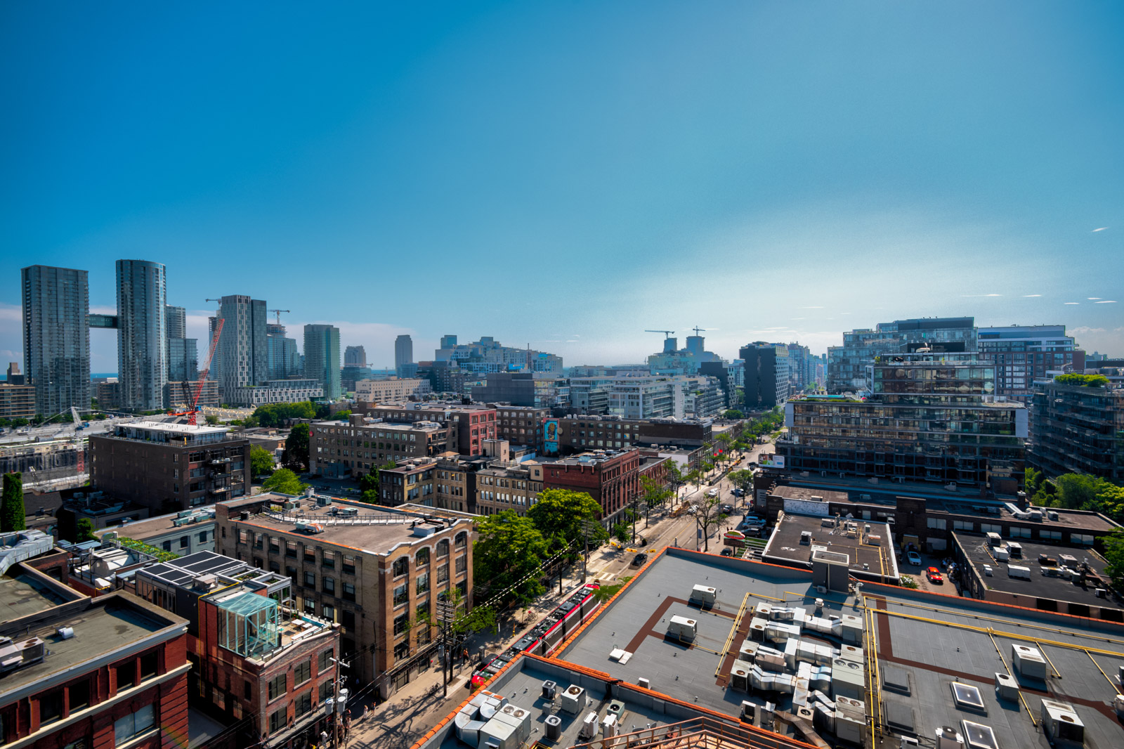 Daytime view of King St W, Toronto from Victory Lofts rooftop.
