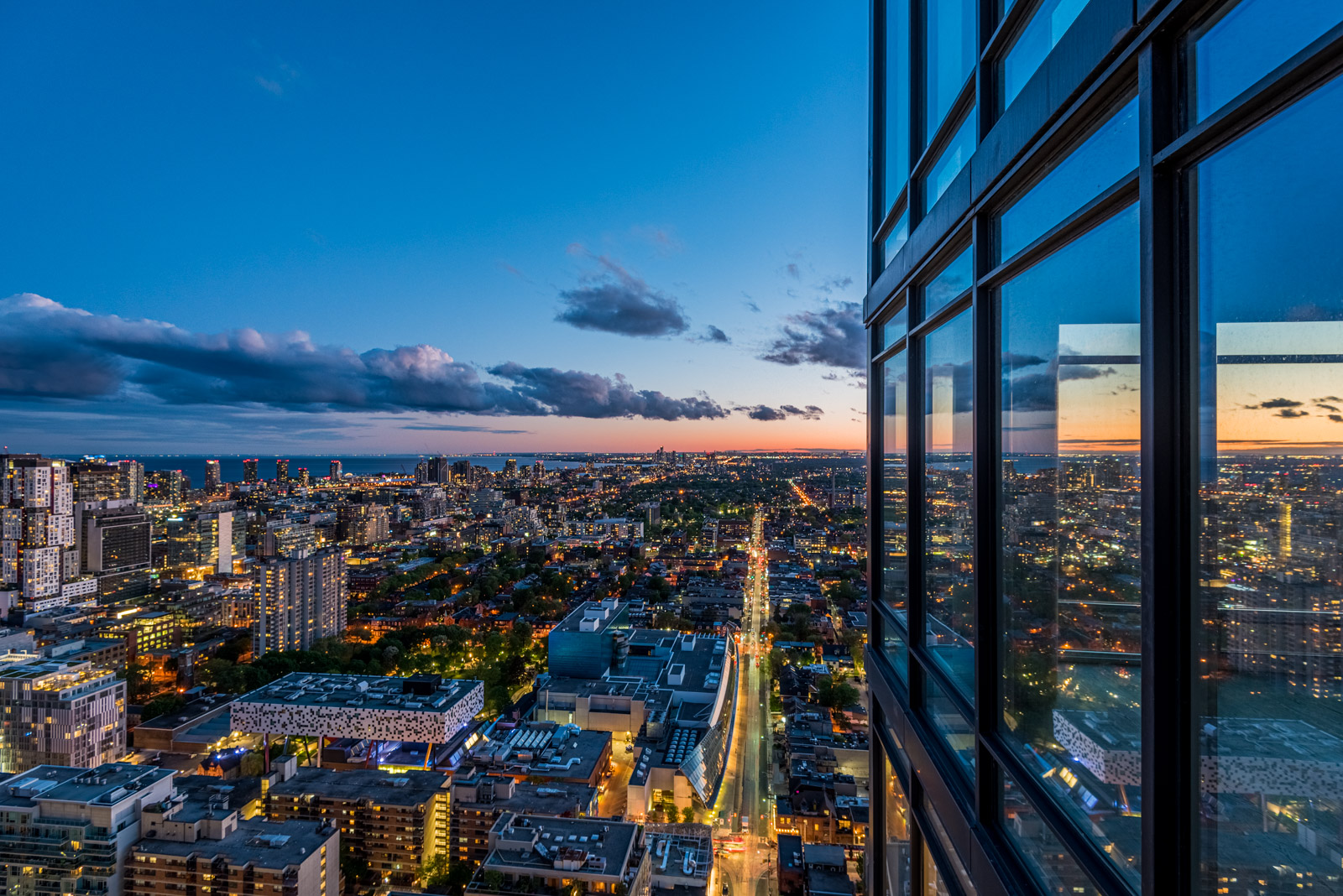 Aerial view of downtown Toronto at night.