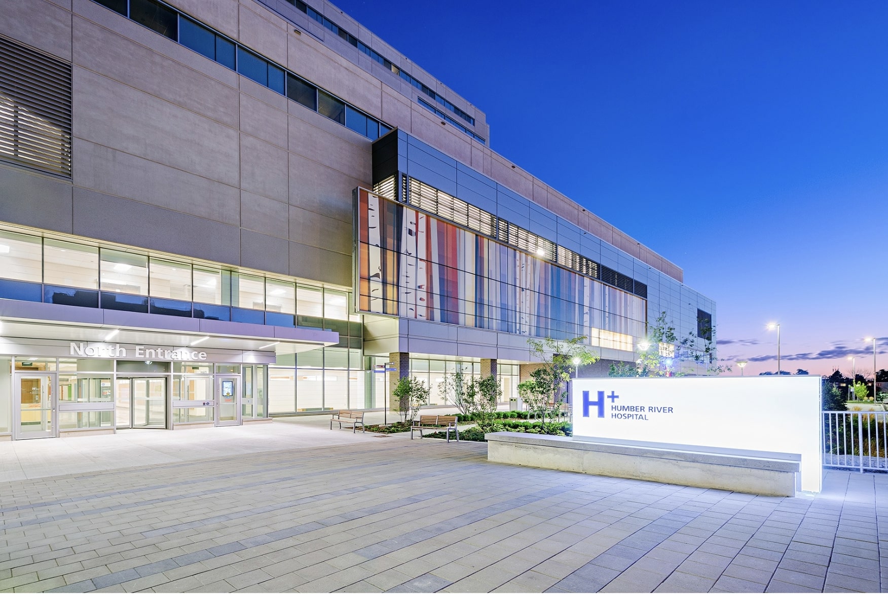 Brightly lit sign outside Humber River Hospital.