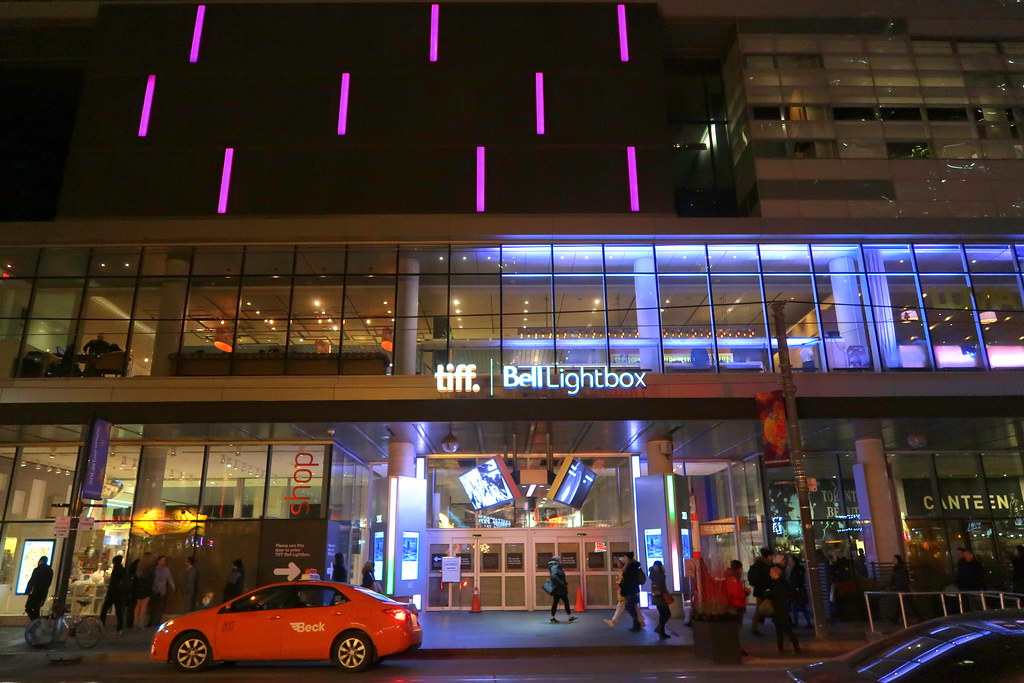 Glowing neon sign for Bell TIFF Lightbox in Toronto.