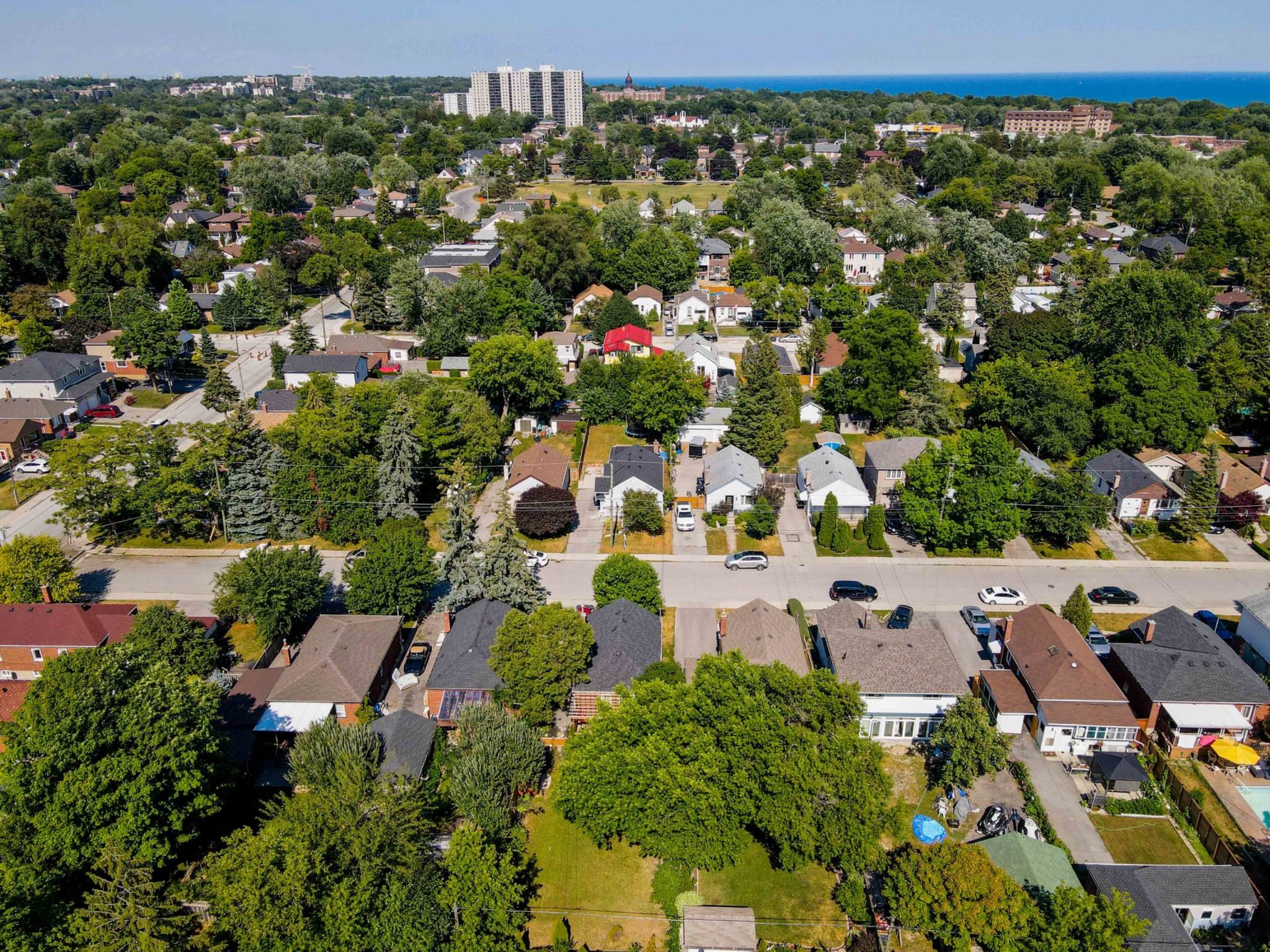 Aerial view of houses, trees and streets of Birchcliffe-Cliffside, a suburb of Scarborough, Toronto.