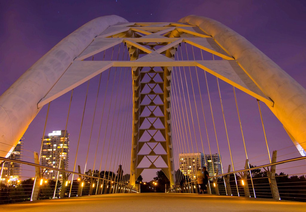 Night view of Humber Bay Arch bridge in Etobicoke, Toronto.