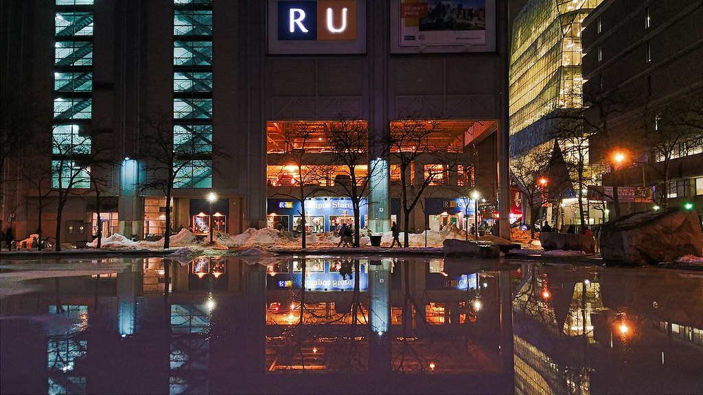 Ryerson University facade at night.